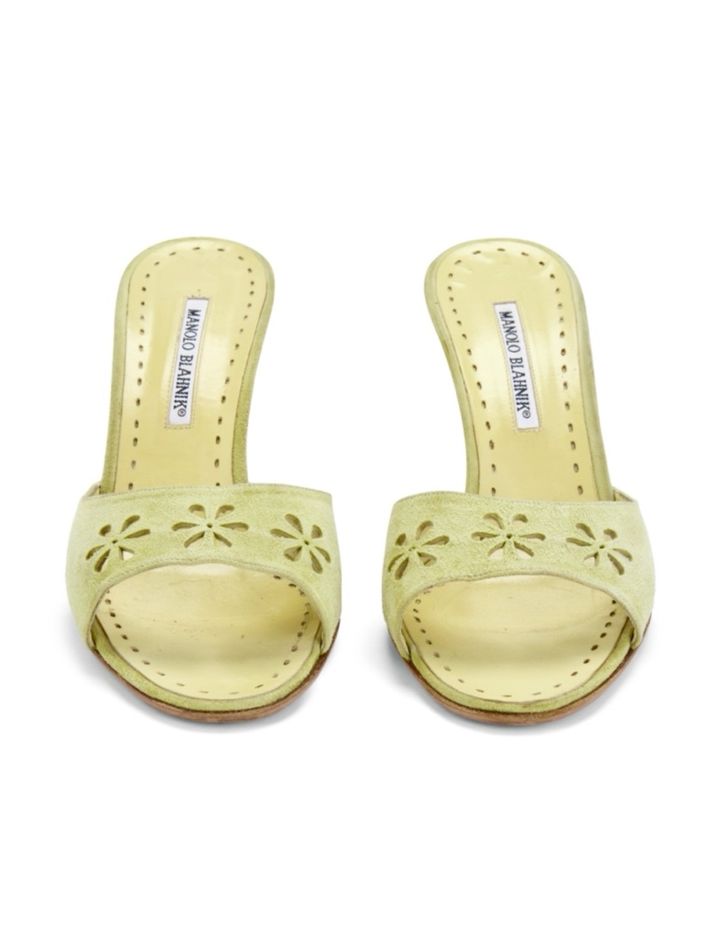 Manolo Blahnik Green Floral Eyelet Laser Cut Suede Heels - Picture 2 of 6